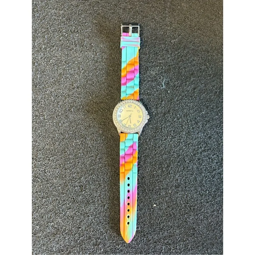 Geneva Rainbow Silicone Strap Rhinestone Bezel Watch Colorful NWOT